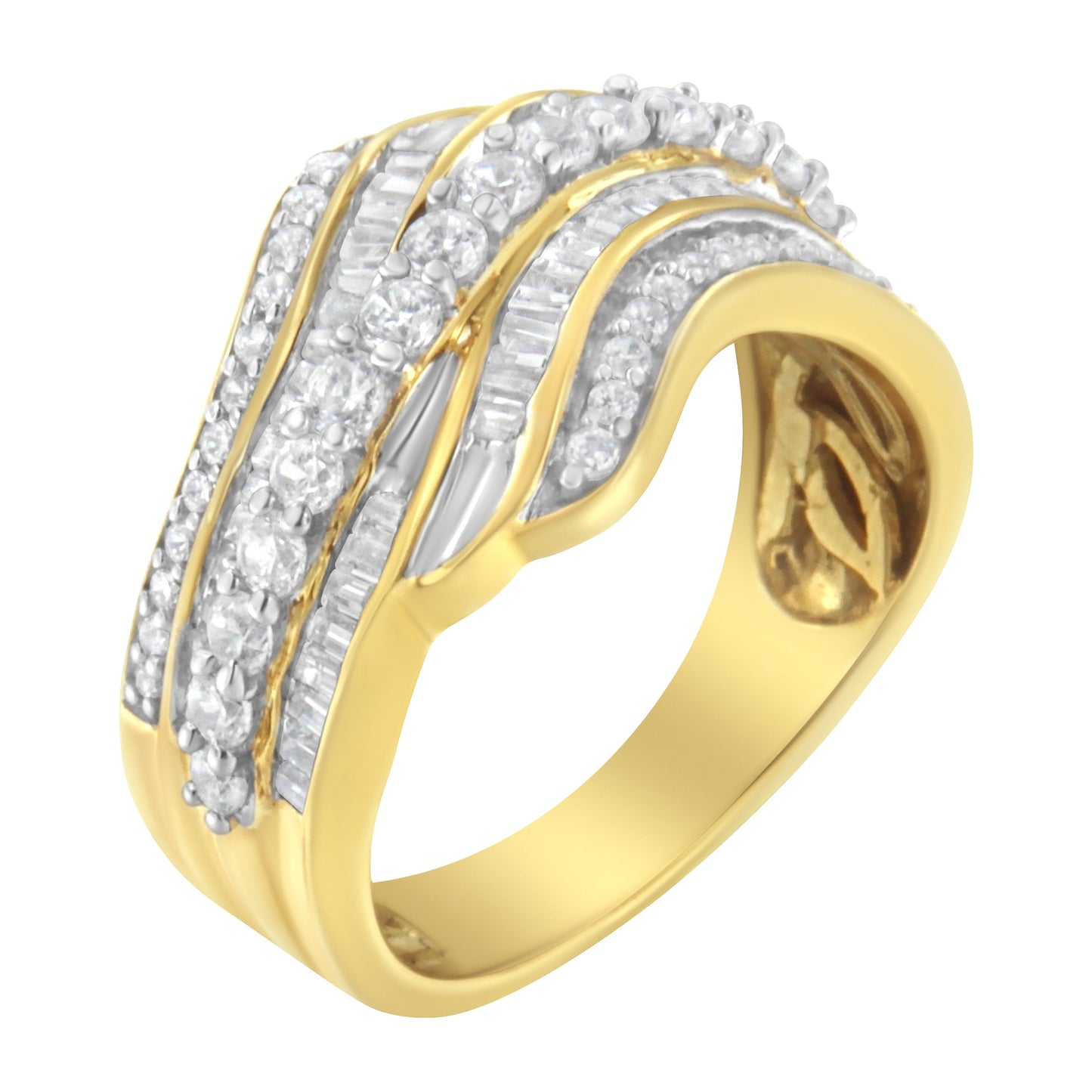 10K Yellow Gold 1.0 Cttw Baguette and Round Diamond Multi-Row Wave Bypass Ring (I-J Color, I1-I2 Clarity) - Ring Size 7