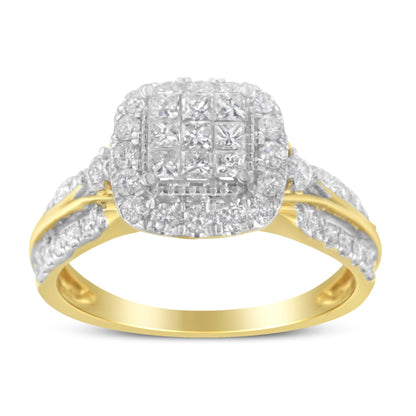10K Yellow Gold 1.0 Cttw Diamond Composite Cushion-Shape Halo 3-Band-Look Engagement Ring (H-I Color, SI1-SI2 Clarity) - Size 6-1/4