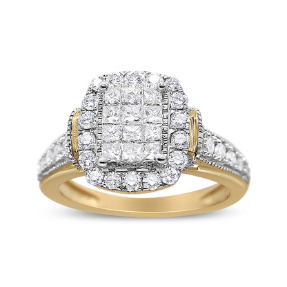 14K Yellow and White Gold 1.00 Cttw Princess and Round Cut Emerald Shaped Halo Diamond Cluster Ring (SI1-SI2 Clarity, H-I Color) - Size 7