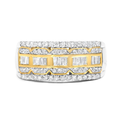 10K White and Yellow Gold 1.00 Cttw Baguette and Round cut Diamond Art Deco Multi-Row Ring Band (I-J Color, I1-I2 Clarity) - Ring Size 7