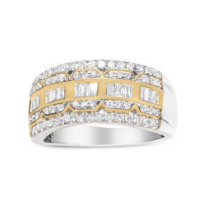 10K White and Yellow Gold 1.00 Cttw Baguette and Round cut Diamond Art Deco Multi-Row Ring Band (I-J Color, I1-I2 Clarity) - Ring Size 7