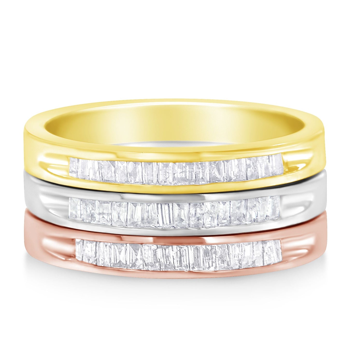 10K Yellow, White and Rose Gold over .925 Sterling Silver 5/8 Cttw Diamond Channel-Set Stackable Band Ring Set (H-I Color, I1-I2 Clarity) - Size 6 3/4