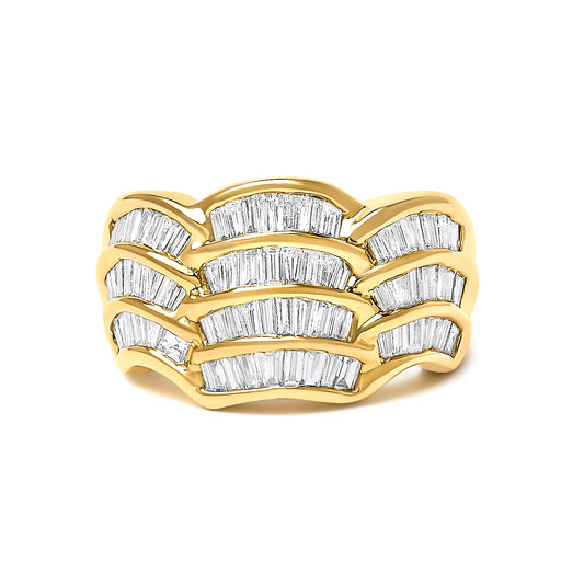 Bague en or jaune 14 carats avec diamants baguette ondulés de 1,33 carat