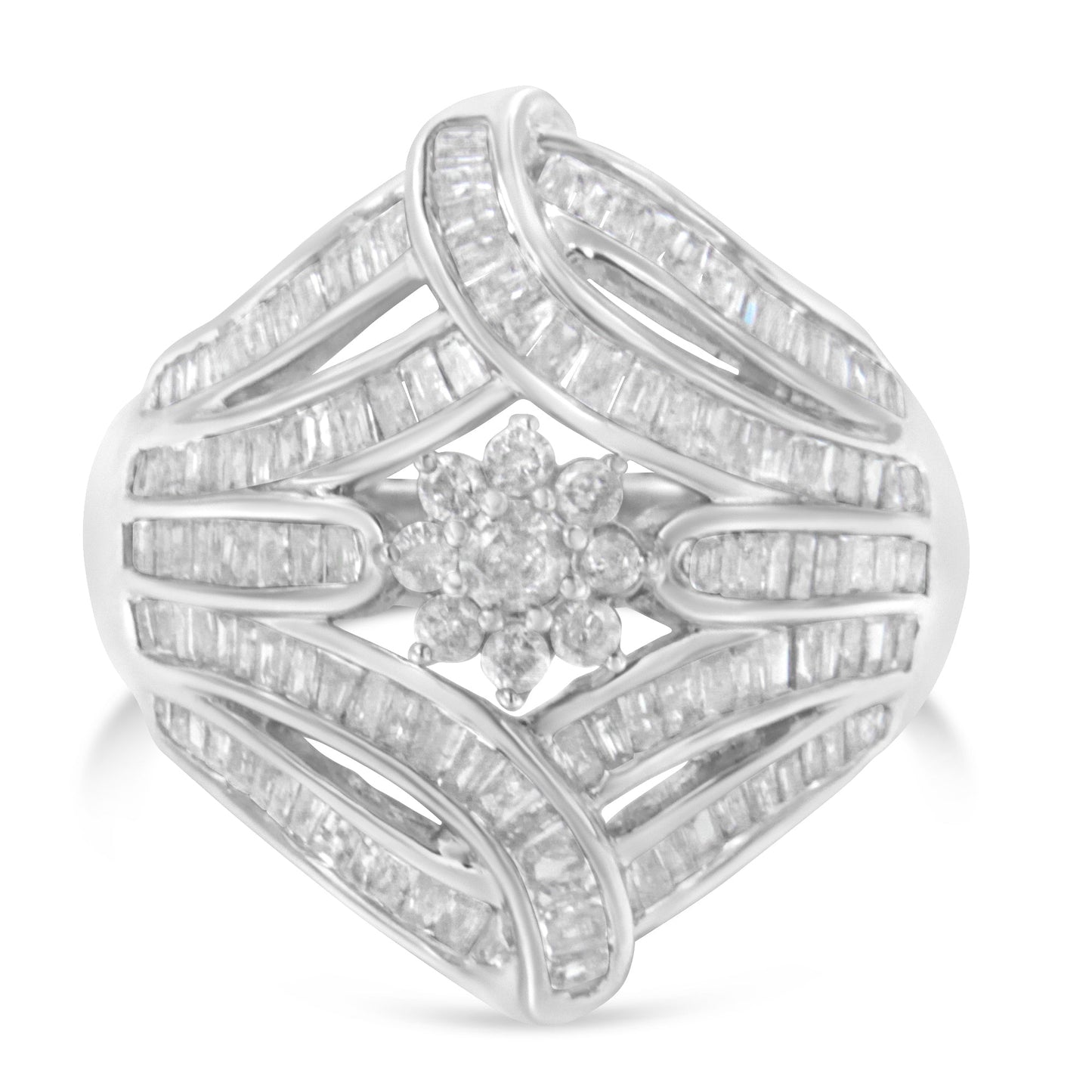 .925 Sterling Silver 1-1/8 Cttw Round & Baguette Diamond 'Flower & Fern' Cluster Cocktail Fashion Ring (I-J Color, I2-I3 Clarity) - Size 6
