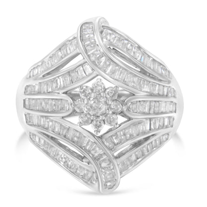 .925 Sterling Silver 1-1/8 Cttw Round & Baguette Diamond 'Flower & Fern' Cluster Cocktail Fashion Ring (I-J Color, I2-I3 Clarity) - Size 6