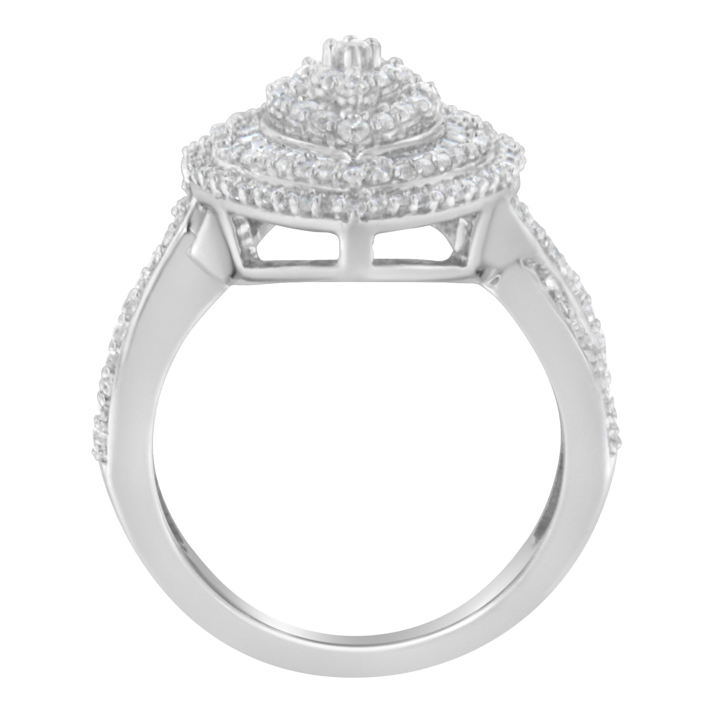 .925 Sterling Silver 1.0 Cttw Round & Baguette-Cut Diamond Marquise-Shaped Cluster Triple Stepped Halo Cocktail Fashion Ring (I-J Color, I2-I3 Clarity) - Size 7