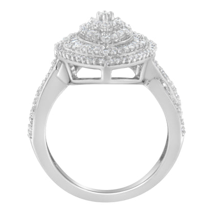 .925 Sterling Silver 1.0 Cttw Round & Baguette-Cut Diamond Marquise-Shaped Cluster Triple Stepped Halo Cocktail Fashion Ring (I-J Color, I2-I3 Clarity) - Size 7