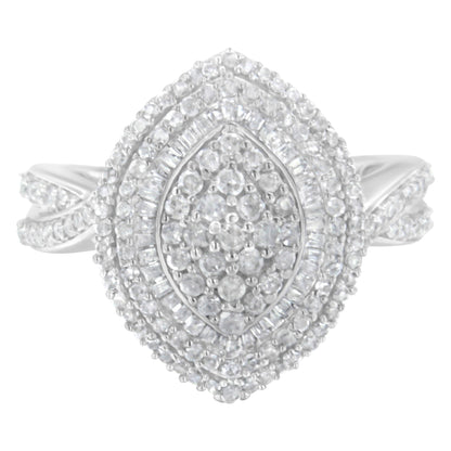 .925 Sterling Silver 1.0 Cttw Round & Baguette-Cut Diamond Marquise-Shaped Cluster Triple Stepped Halo Cocktail Fashion Ring (I-J Color, I2-I3 Clarity) - Size 7