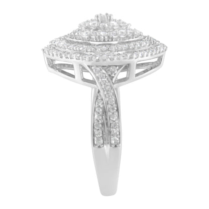 .925 Sterling Silver 1.0 Cttw Round & Baguette-Cut Diamond Marquise-Shaped Cluster Triple Stepped Halo Cocktail Fashion Ring (I-J Color, I2-I3 Clarity) - Size 7