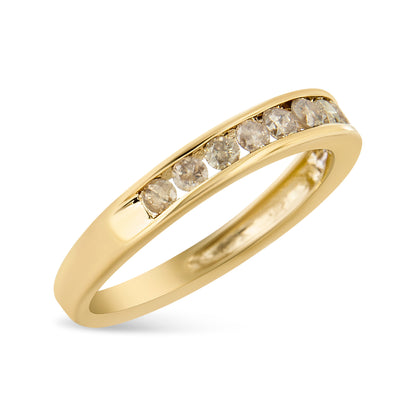 14K Yellow Gold Plated .925 Sterling Silver 1/2 Cttw Channel Set Round Champagne Diamond 11 Stone Band Ring (K-L Color, I1-I2 Clarity) - Size 7