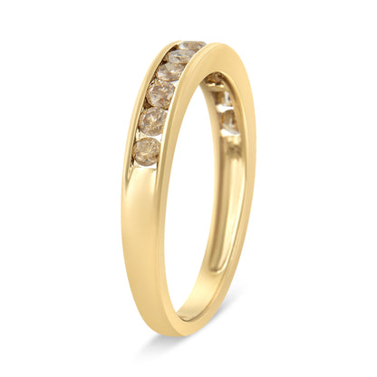 14K Yellow Gold Plated .925 Sterling Silver 1/2 Cttw Channel Set Round Champagne Diamond 11 Stone Band Ring (K-L Color, I1-I2 Clarity) - Size 7