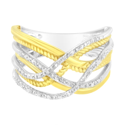 10K Yellow Gold Plated .925 Sterling Silver 1/10 Cttw Diamond Multi Row Crossover Ring Band (I-J Color, I1-I2 Clarity) - Size 7