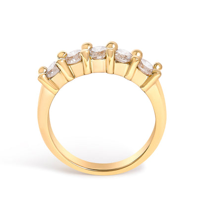 14K Yellow Gold Plated .925 Sterling Silver 1.0 Cttw Shared Prong-set Round Diamond 5 Stone Band Ring (J-K Color, I1-I2 Clarity) - Size 7