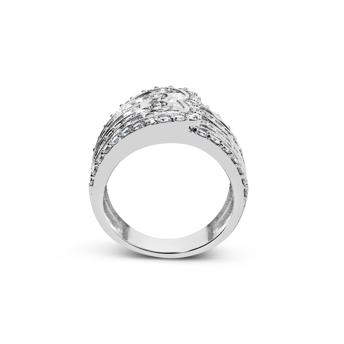 10K White Gold 2 1/2 Cttw Round and Baguette-Cut Diamond Multi-Row Bypass Ring (J-K Color, I2-I3 Clarity) - Ring Size 7
