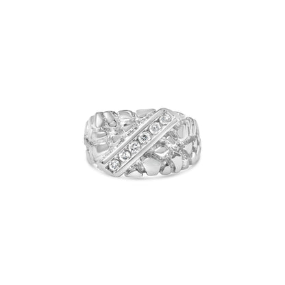 .925 Sterling Silver 1/3 Diamond 6 Stone Rectangle Nugget Gents Ring - Size 10