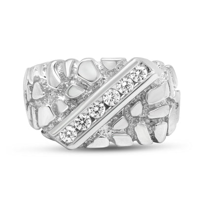 .925 Sterling Silver 1/3 Diamond 6 Stone Rectangle Nugget Gents Ring - Size 10
