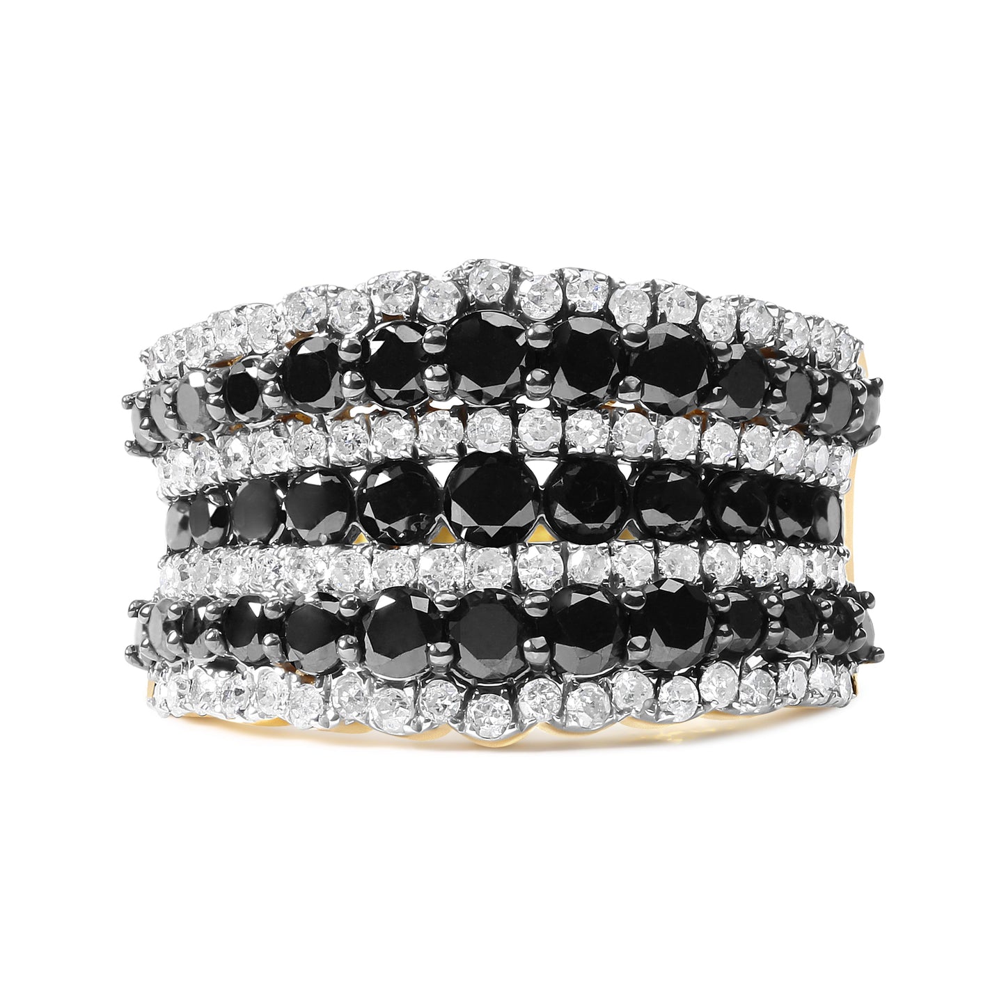14K Yellow Gold Plated .925 Sterling Silver 1 3/4 Cttw Treated Black and White Alternating Diamond Multi Row Band Ring (Black / I-J Color, I2-I3 Clarity) - Size 7