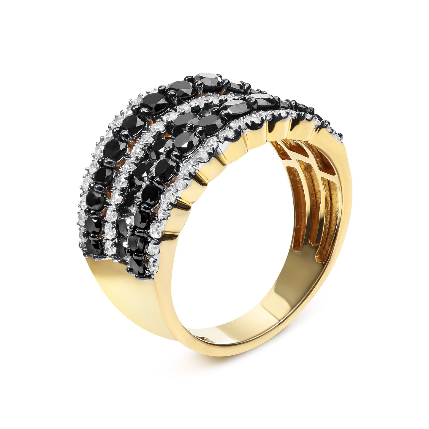 14K Yellow Gold Plated .925 Sterling Silver 1 3/4 Cttw Treated Black and White Alternating Diamond Multi Row Band Ring (Black / I-J Color, I2-I3 Clarity) - Size 7
