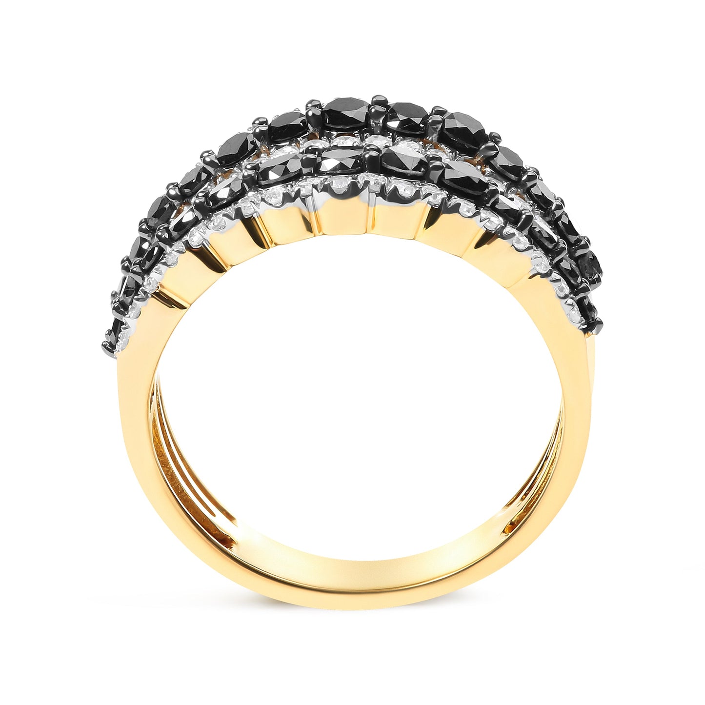 14K Yellow Gold Plated .925 Sterling Silver 1 3/4 Cttw Treated Black and White Alternating Diamond Multi Row Band Ring (Black / I-J Color, I2-I3 Clarity) - Size 7
