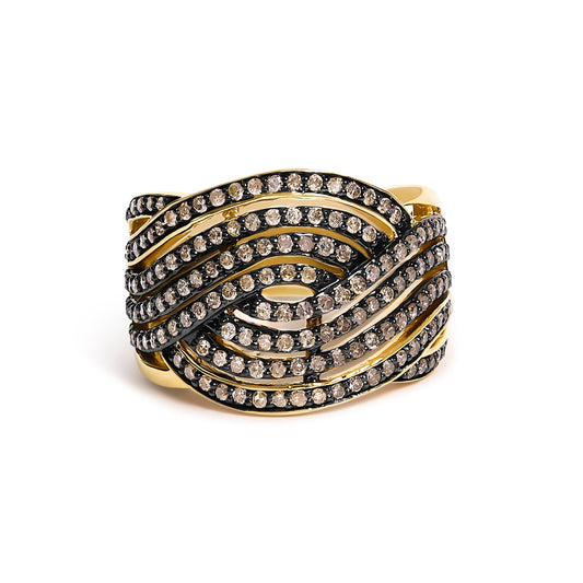 Bague Croisée en Or Jaune 10K Plaqué Argent Sterling .925 avec Diamant Champagne de 1,0 carat total