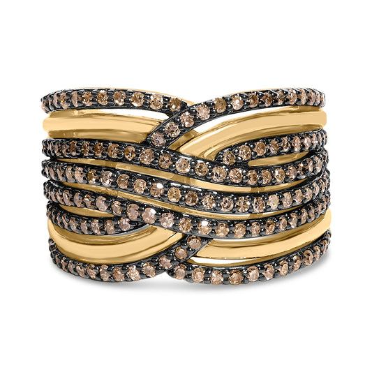 Bague à Bande Croisée Multi-Rang en Argent Sterling 925 Plaqué Or Jaune 10K sertie de Diamants Champagne 1.0 Cttw - Taille 7