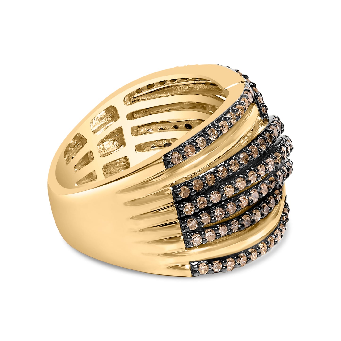 10K Yellow Gold Plated .925 Sterling Silver 1.0 Cttw Champagne Diamond Multi Row Cross Over Band Ring - Size 7