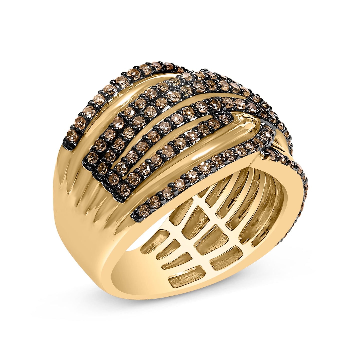 10K Yellow Gold Plated .925 Sterling Silver 1.0 Cttw Champagne Diamond Multi Row Cross Over Band Ring - Size 7
