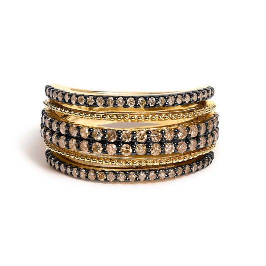 Bague multicouche en argent sterling plaqué or jaune 10 carats et diamants champagne de 1,00 carat