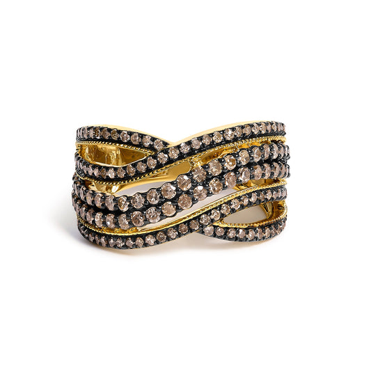 Bague "Autoroute" en or jaune 10 carats plaqué argent sterling 925 avec diamants couleur champagne de 1,0 carat au total