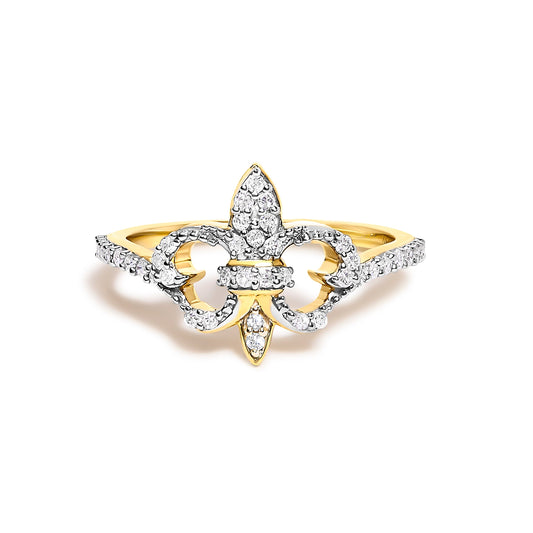 Bague fleur de lys en argent sterling .925 plaqué or jaune 14 carats avec diamant 1/4 carat