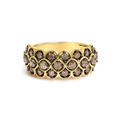 10K Yellow Gold Plated Sterling Silver 1.0 Cttw Brown Diamond Scalloped Motif Band Ring