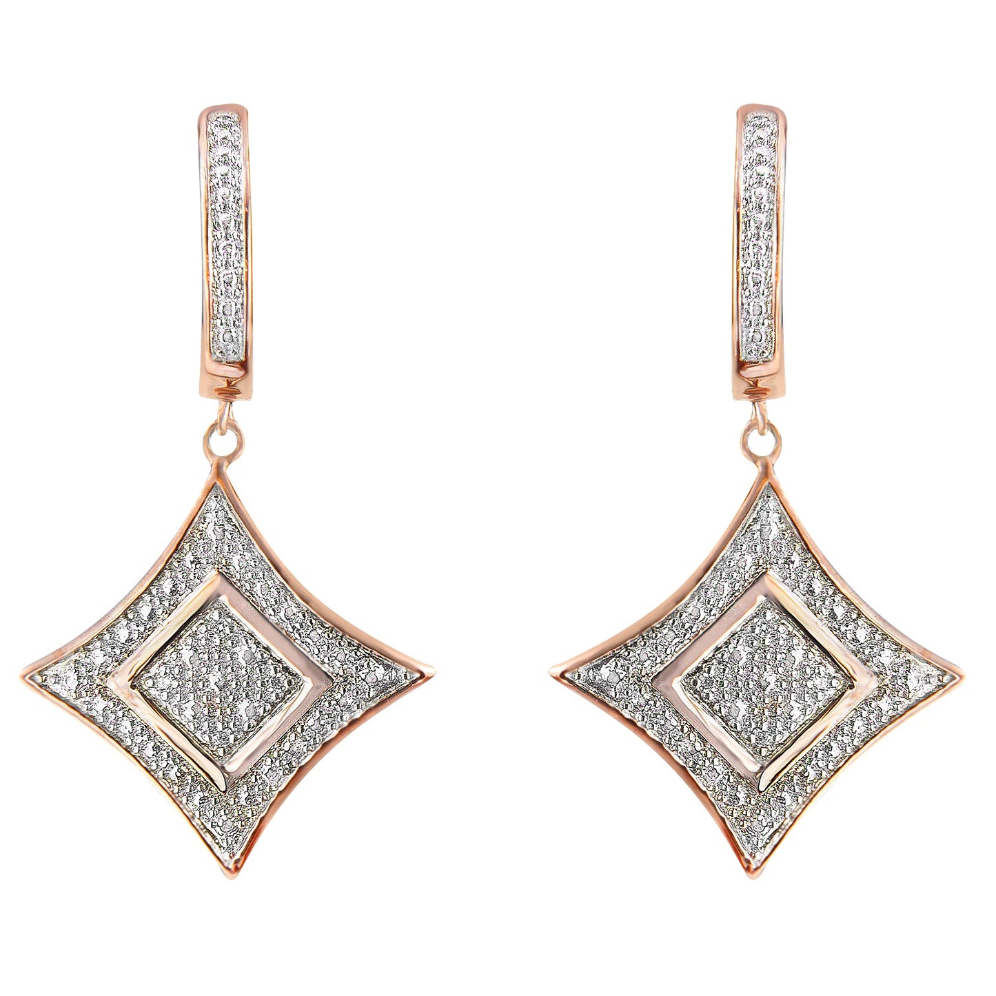 10K Rose Gold Plated Sterling Silver Round Cut Diamond Cushion Dangle Earrings (0.04 cttw, H-I Color, I2-I3 Clarity)