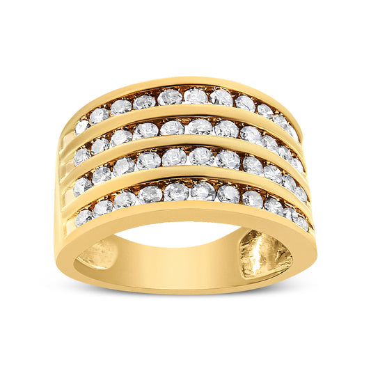 Bague à canal 4 rangées en or jaune 10 carats plaqué argent sterling .925 avec diamants 1,5 ct (couleur champagne, clarté I2-I3) taille 7