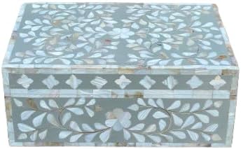Decorative Wooden Storage Box with Mother of Pearl Inlay – Elegant Floral Design – Perfect for Home Décor in Living Room, Dining Area, or Bedroom (Grey, 9x6x3.5 inch)