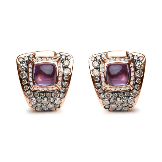 Boucles d'oreilles clous géométriques en or rose 18 carats avec diamant rond de 1,5 carat et améthyste violette taille coussin de 7 mm (couleur marron et G-H, pureté SI1-SI2)