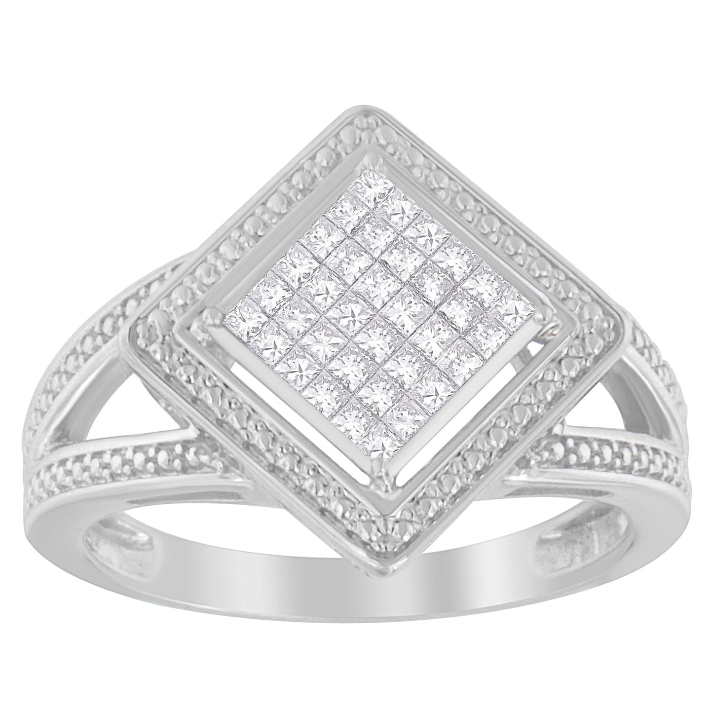 .925 Sterling Silver 1/3 Cttw Invisible Set Princess-Cut Diamond Rhombus and Beaded Halo Ring (H-I Color, SI1-SI2 Clarity) - Ring Size 7