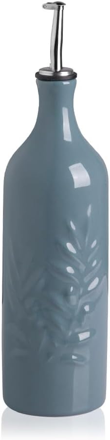 Sweejar Large Ceramic Olive Oil Dispenser Bottle, 24 Oz Relief Opaque Oil Cruet Protects Oil To Reduce Oxidation, Storage Vinegar, Soy Sauce, Coffee Syrup, Liquids, Set of 1 (Fog blue)