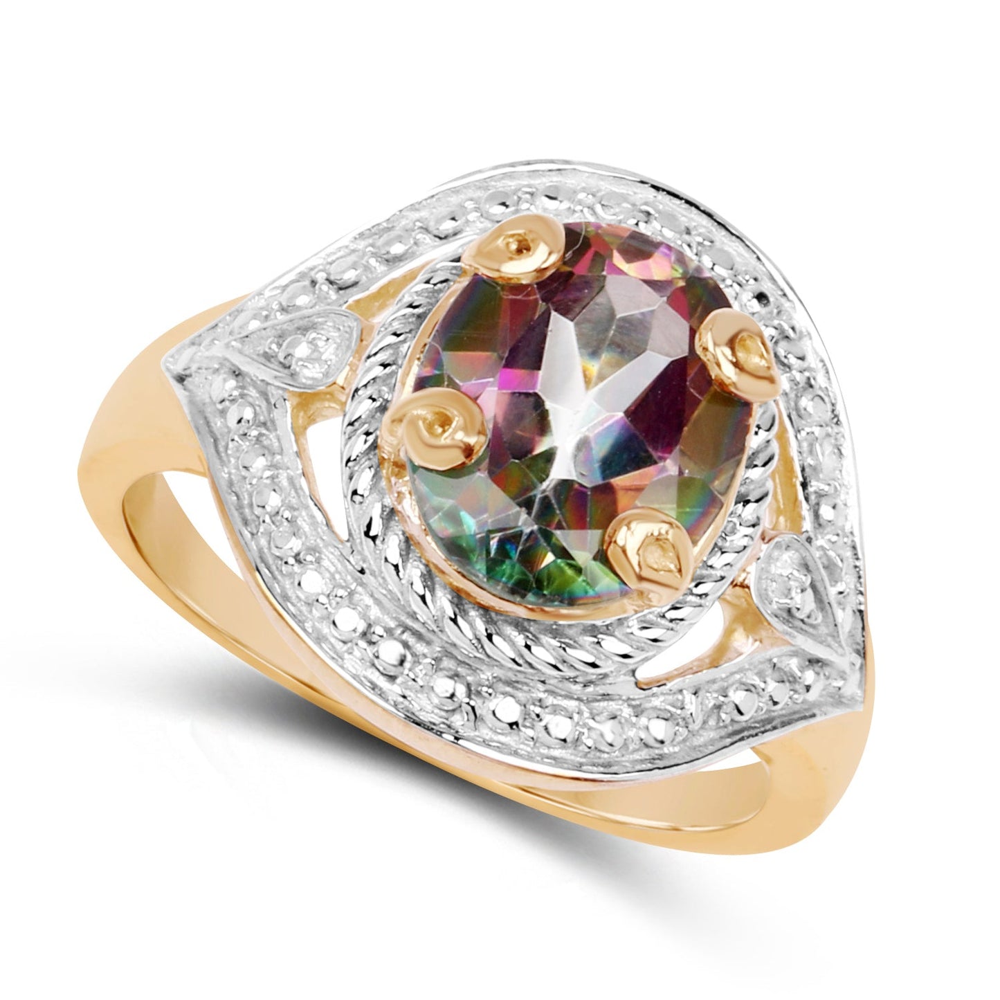 14K Yellow Gold Plated 3.15 Carat Genuine Quartz Mystic .925 Sterling Silver Ring