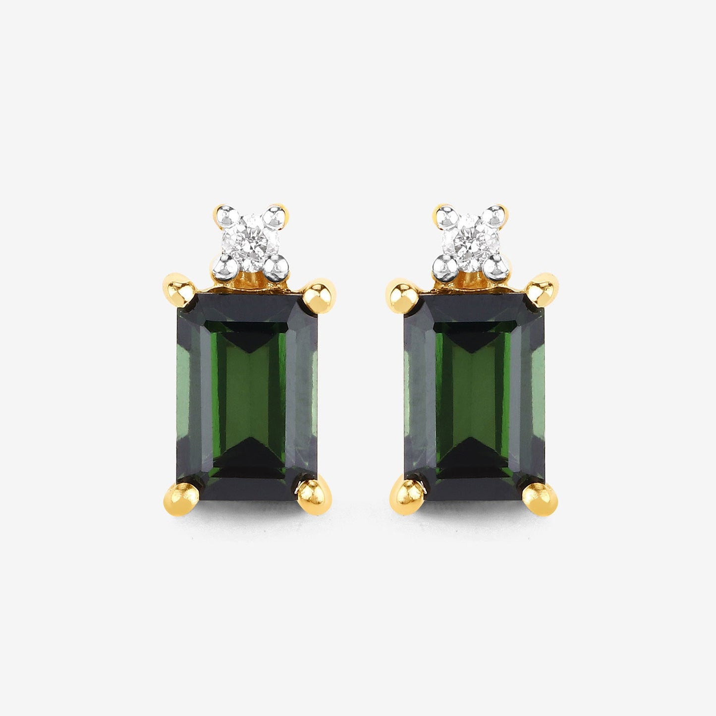 1.24 Carat Genuine Green Tourmaline and White Diamond 14K Yellow Gold Earrings
