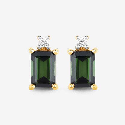 1.24 Carat Genuine Green Tourmaline and White Diamond 14K Yellow Gold Earrings