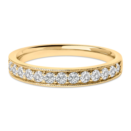 Alliance en or jaune 14 carats avec diamant rond 1/2 carat et milgrain