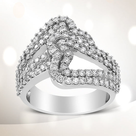 Bague jonc double cœur ouvert en or blanc 14 carats et diamants 1,50 carats (couleur H-I, pureté VS1-VS2) – Taille 7