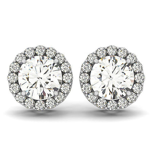 Boucles d'oreilles en or blanc 14 carats, diamants ronds en halo à quatre griffes (poids total 1 1/6 carat)