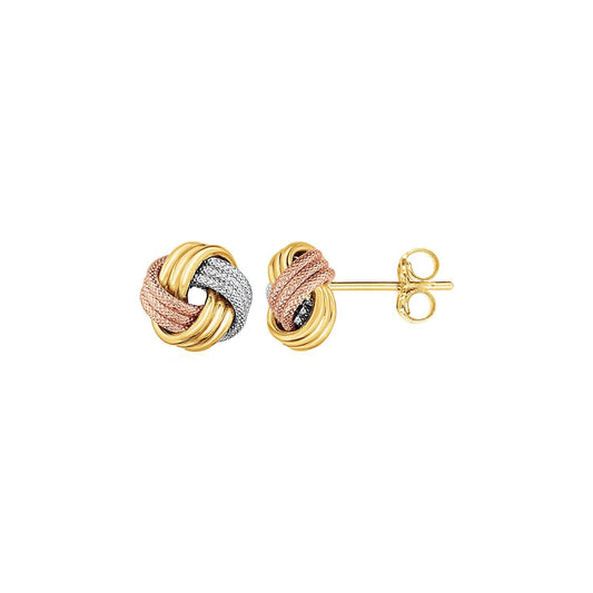 Puces d'oreilles nœud d'amour en or tricolore 14 carats