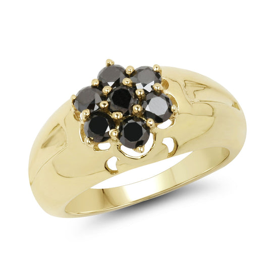 Bague en Argent Sterling 925 Plaqué Or Jaune 14K avec Diamant Noir Véritable de 0,98 Carat