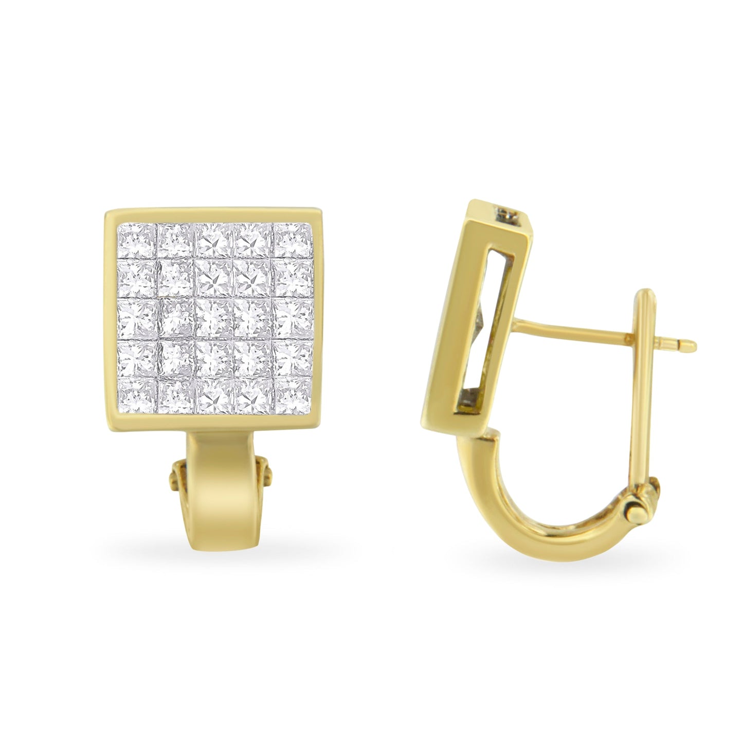 14K Yellow Gold 3-1/5 Cttw Princess Cut Diamond Â¾ Square Invisible Set Grid Huggy Style Omega Back Stud Earrings (G-H Color, VS1-VS2 Clarity)