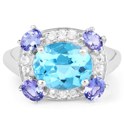 4.13 Carat Genuine Swiss Blue Topaz, Tanzanite & White Topaz .925 Sterling Silver Ring