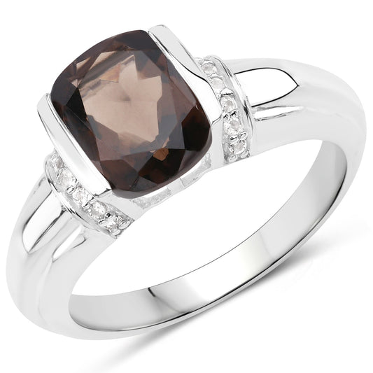 Bague en argent sterling 925 avec quartz fumé véritable et topaze blanche de 2,03 carats