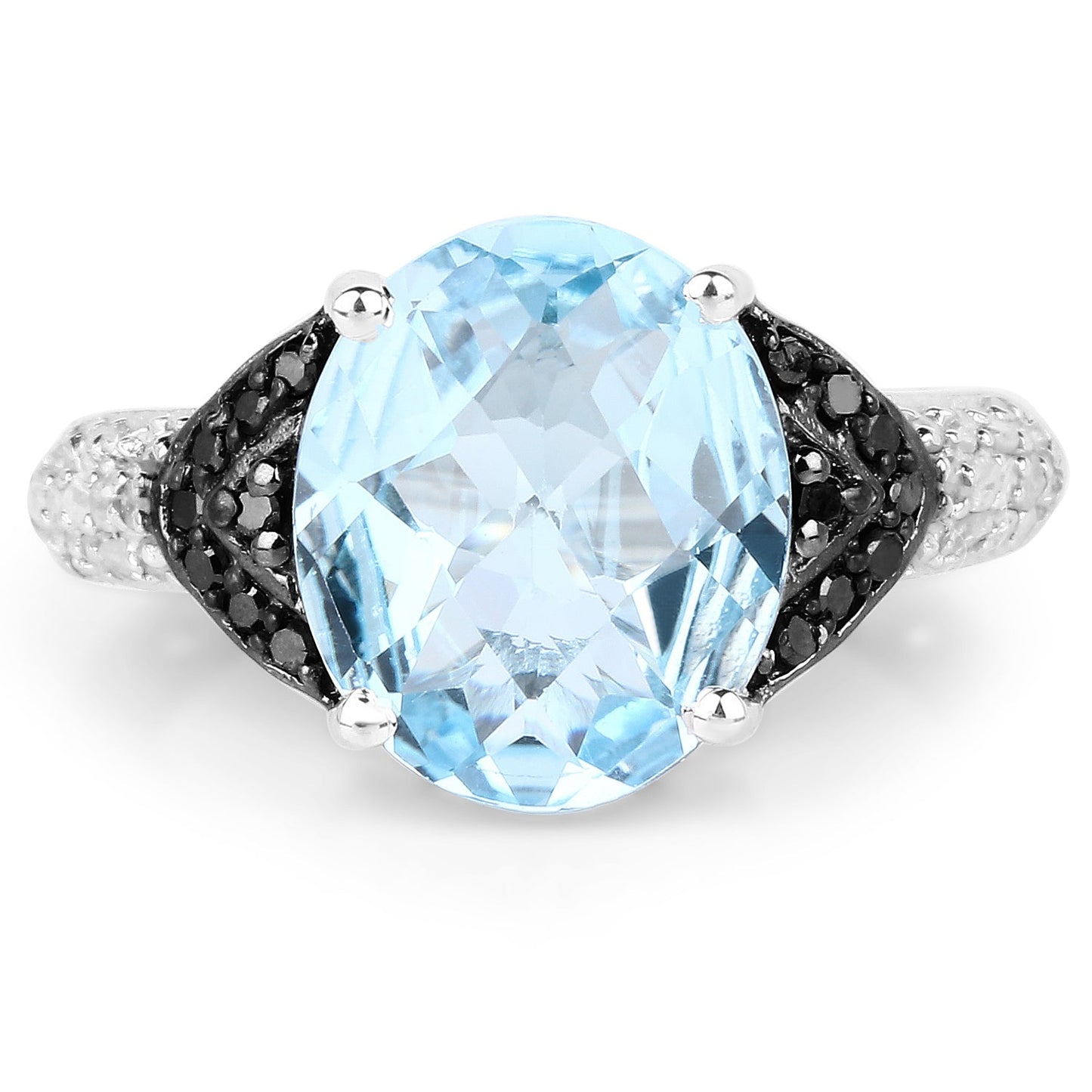 5.37 Carat Genuine Swiss Blue Topaz, Black Diamond & White Topaz .925 Sterling Silver Ring