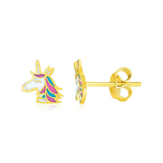 Boucles d'oreilles licorne émaillées en or jaune 14 carats pour enfants